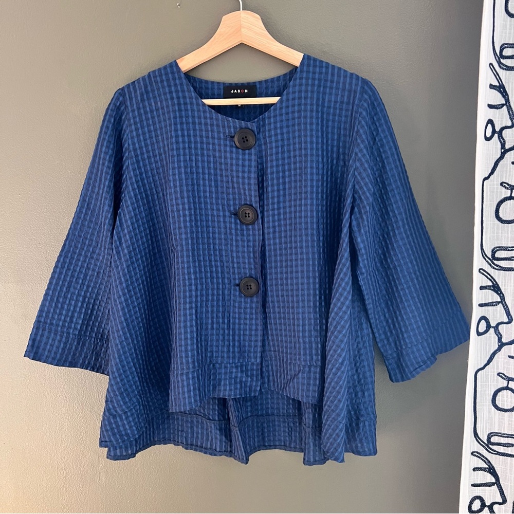 JASON Blue Textured Button Front Jacket Top | Made in USA | M